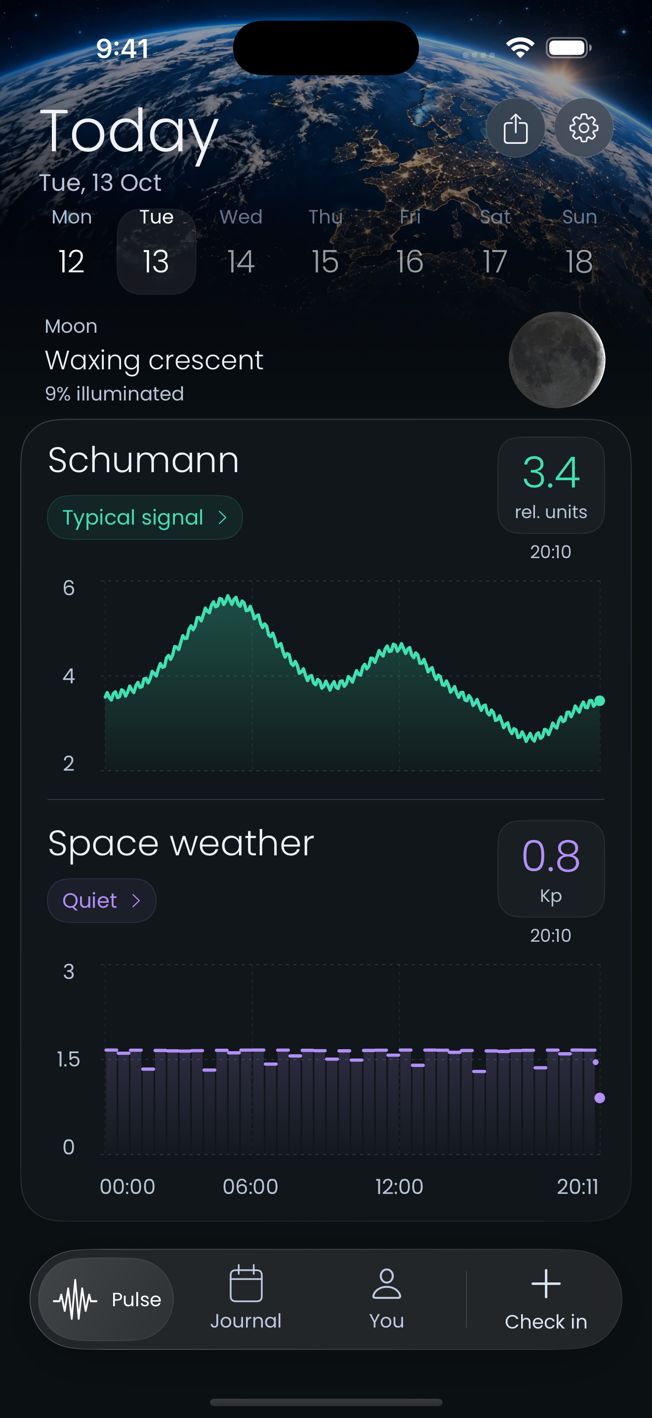 Native app preview showing Moon phase, a mint Schumann chart, a violet space-weather chart, and Pulse, Journal, You and Check in controls.